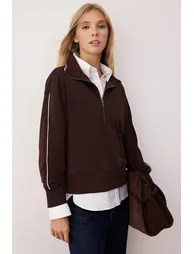 Brown Zippered Polo Collar Stripe Detailed Regular Cut Knitted Sweatshirt - 1