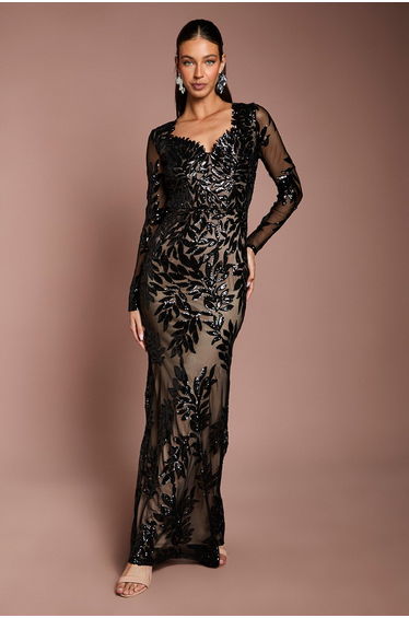Long Sleeve Floral Sequin Maxi Dress