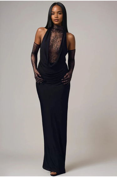 Darleen Cowl Neck Ruch Lace Maxi Dress In Black