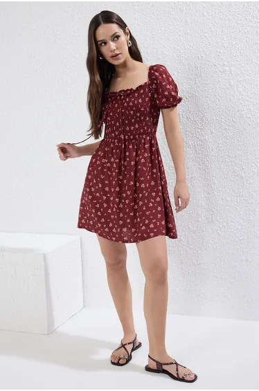 Burgundy Floral Mini Woven Dress with Open Waist Skirt
