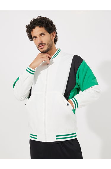 Retro Color Block Bomber Jacket with Rib Detail