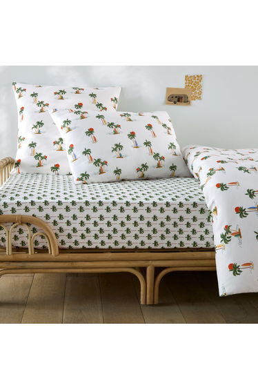 Child's Fitted Sheet in 50% Recycled Cotton with 25cm Flap and Palm Trees Print