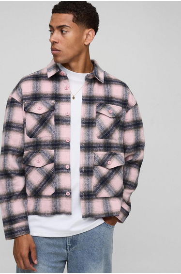 Oversized Cargo Heavyweight Check Overshirt - pink