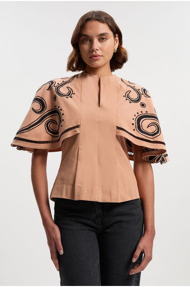 Petite Baroque Embroidered Cape Sleeve Woven Twill Top