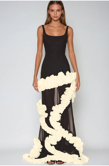 Beckah Mesh Ruffle Asymmetric Maxi Dress