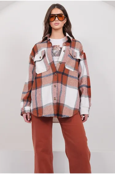 Women's Brown Leather Back Tassel Pocket Lumberjack Shirt Jacket