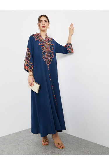 Navy Blue Embroidered Slit Sleeve Jalabiya