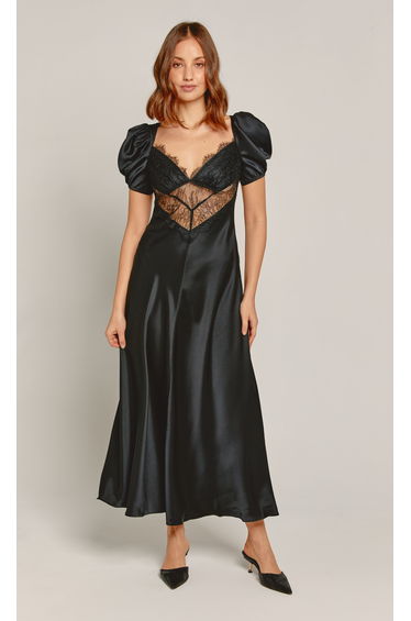 Black Lace Puff Sleeve Maxi Dress