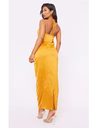 Tangerine Satin Floral Embroidered Cowl Neck Maxi Dress - 1