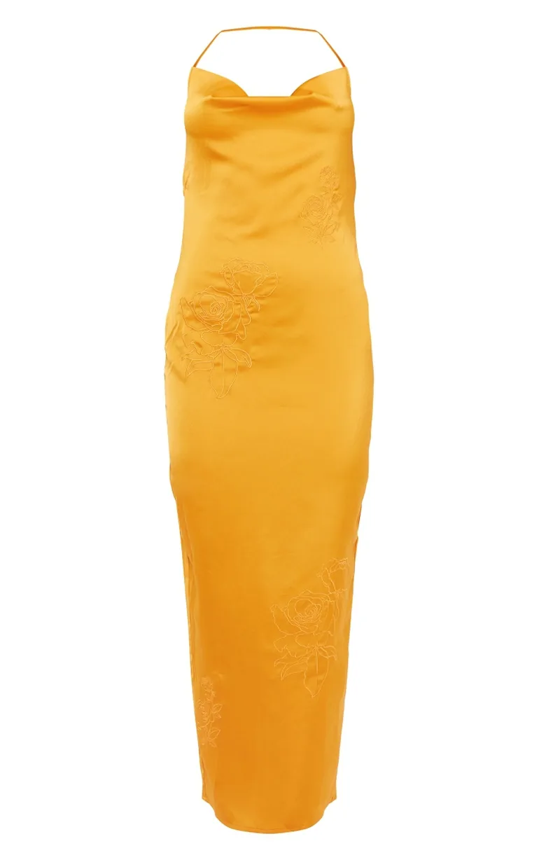 Tangerine Satin Floral Embroidered Cowl Neck Maxi Dress - 4