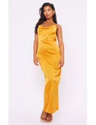 Tangerine Satin Floral Embroidered Cowl Neck Maxi Dress