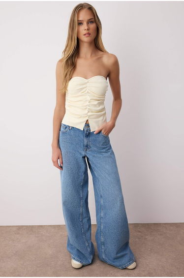 Ecru Pearl Embroidered Strapless Body-hugging/Fitted Knit Blouse