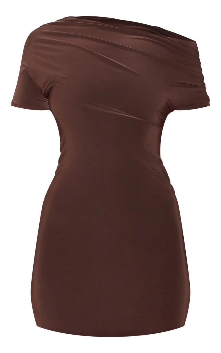 Chocolate Slinky Off The Shoulder Ruched Mini Dress Prettylittlething Brown  : Party Dresses : VogaCloset Iraq