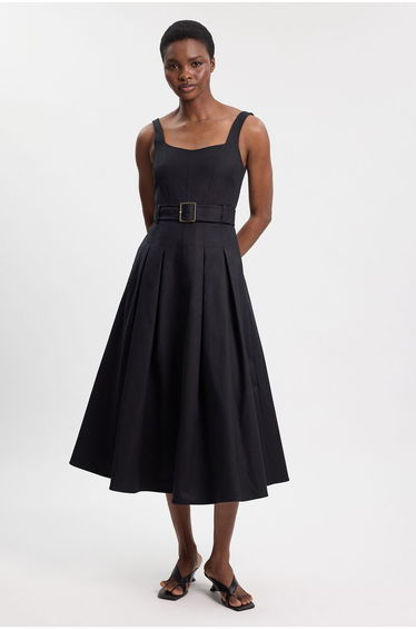 Premium Cotton Tailored Fabric Belted Buckle Midi Dress