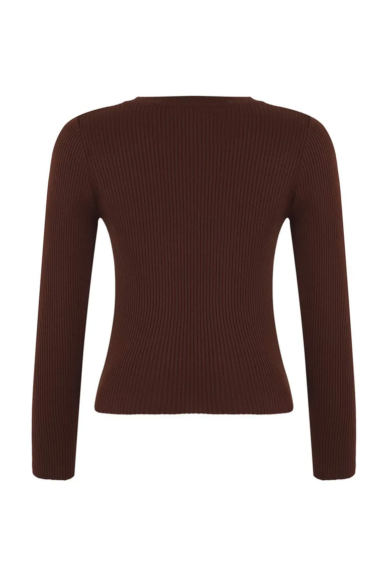 Brown Basic Ribbed Knit Sweater - 1