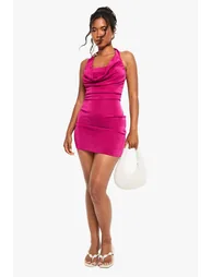 Beaded Cowl Slinky Mini Dress - pink