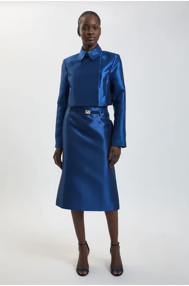 Forever Satin Twill Belted Tailored Midi Skirt