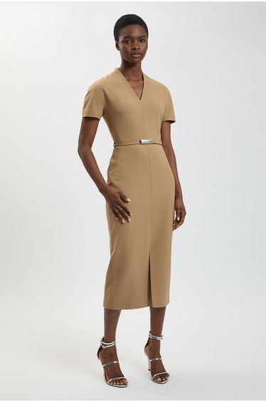 Petite Compact Stretch Tailored Belted Midi Pencil Dress