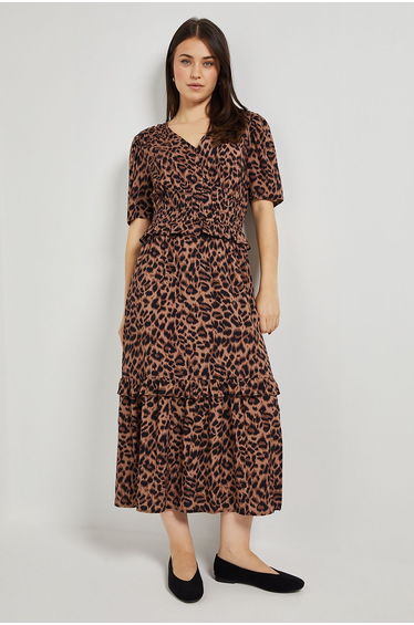 Leopard Empire Shirred Bodice Button Detail Maxi Dress