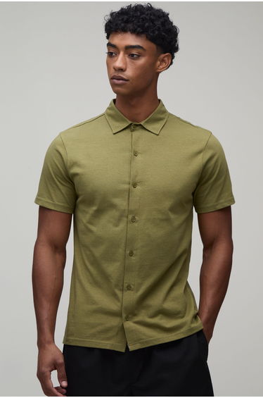 Slim Fit Jersey Short Sleeve Revere Shirt - khaki