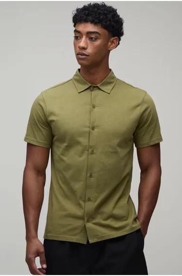 Slim Fit Jersey Short Sleeve Revere Shirt - khaki