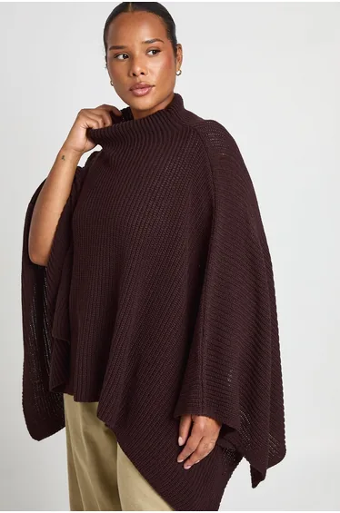 Plus Knitted Cape Detail Jumper - chocolate