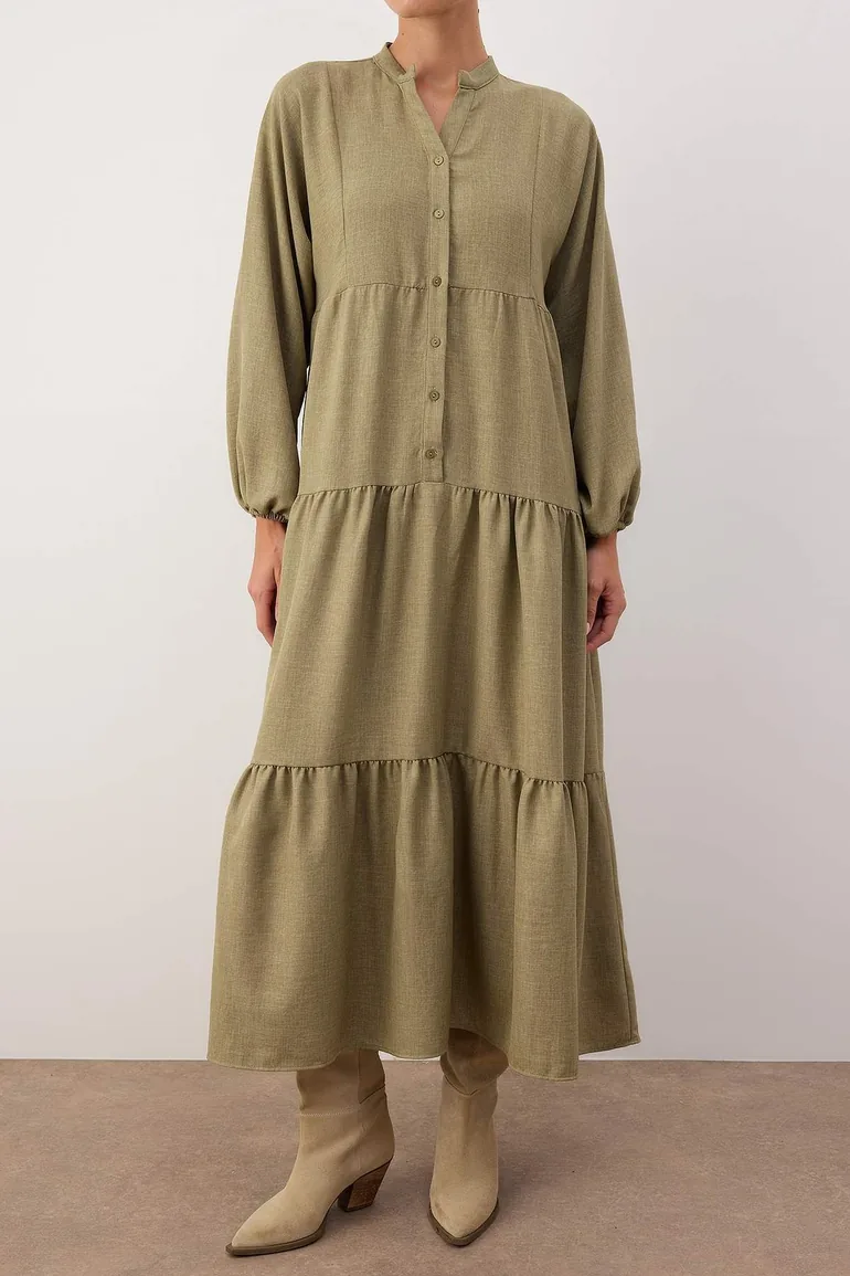 Khaki plain woven linen-look hijab dress without lining - 2