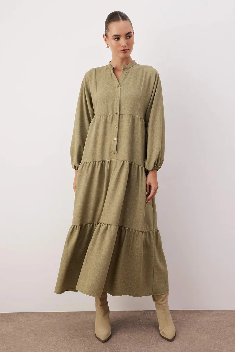 Khaki plain woven linen-look hijab dress without lining