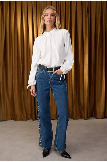 Ecru Balloon Sleeve Stand Collar Modal Woven Blouse
