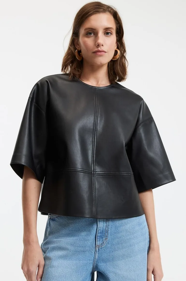 Faux Leather Blouse with Crew Neck and 3/4 Length Sleeves