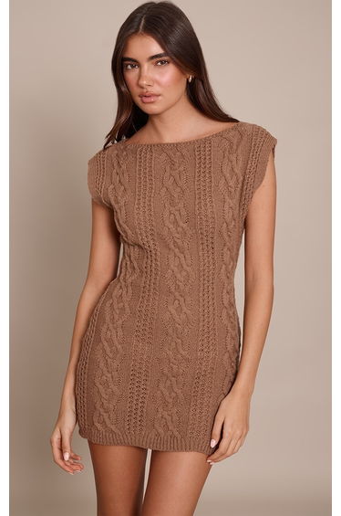 Chocolate Cable Knit Short Sleeve Mini Dress