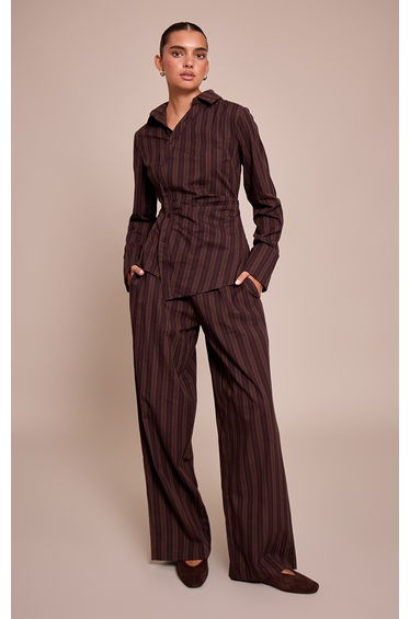 Dark Brown Woven Pinstriped Trouser
