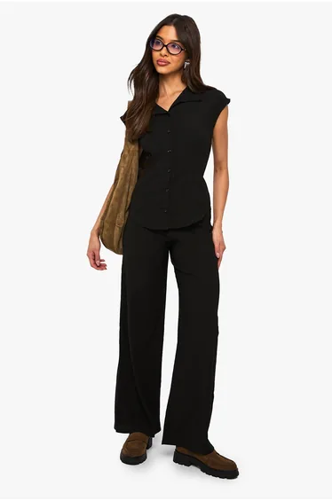 Textured Cinched Waist Cap Sleeve Top & Trouser Co Ord - black