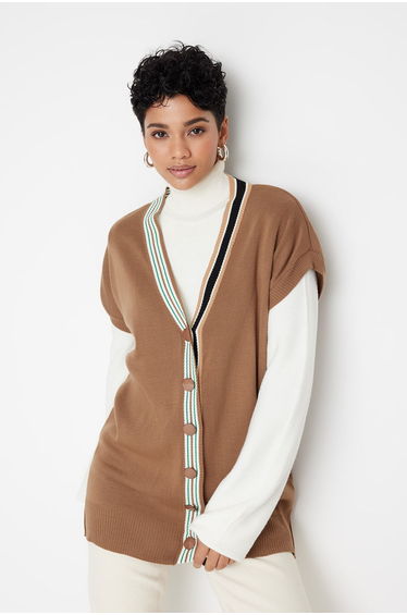 Brown Collar Stripe Detailed Knitwear Sweater