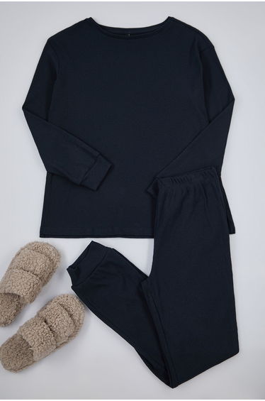 Navy Blue Cotton Plain Camisole Knitted Pajama Set