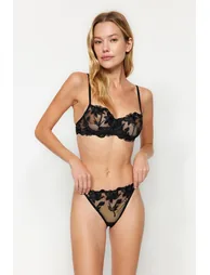 Black Embroidered Lace Capless Underwear Set - 1
