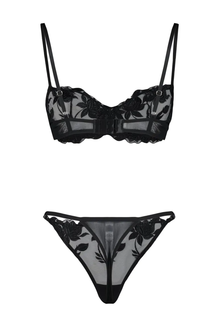 Black Embroidered Lace Capless Underwear Set - 6