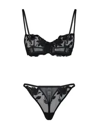 Black Embroidered Lace Capless Underwear Set - 6