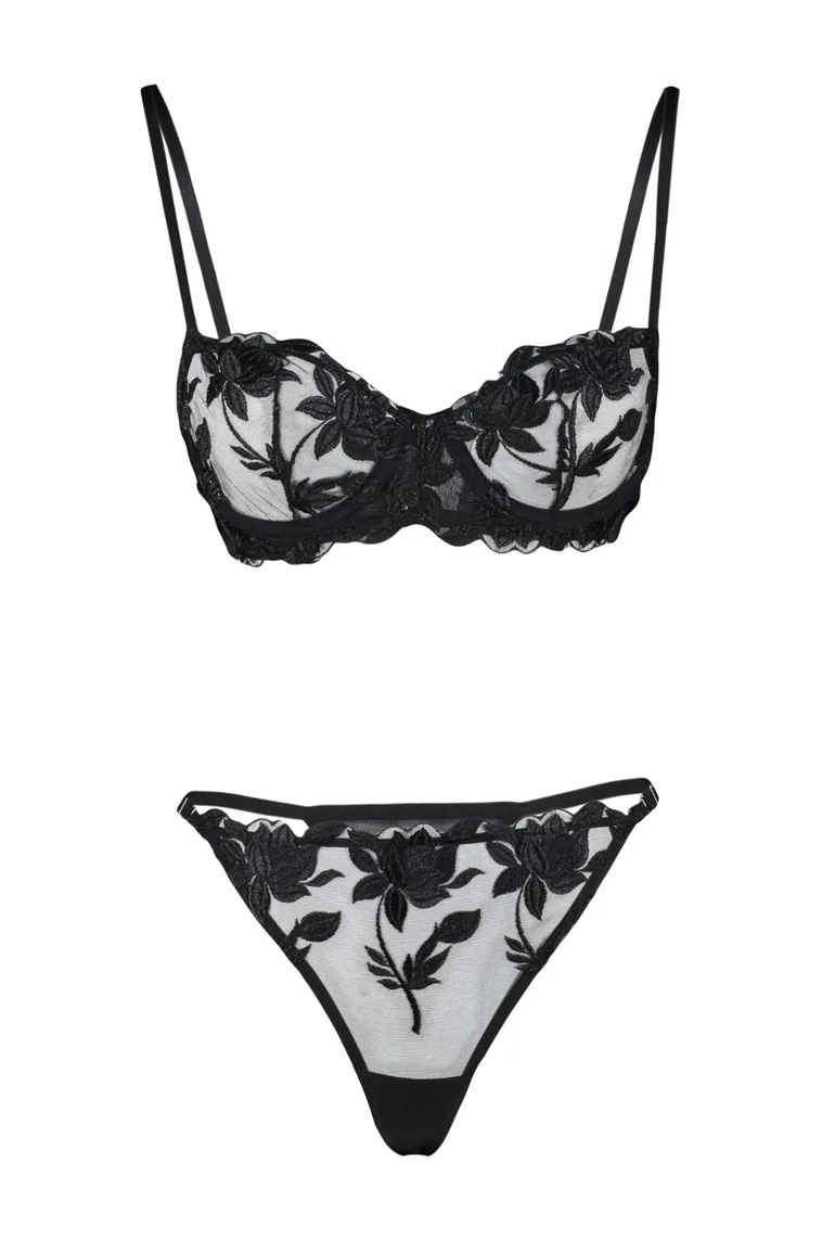 Black Embroidered Lace Capless Underwear Set - 5