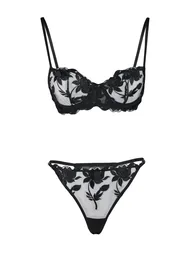 Black Embroidered Lace Capless Underwear Set - 5