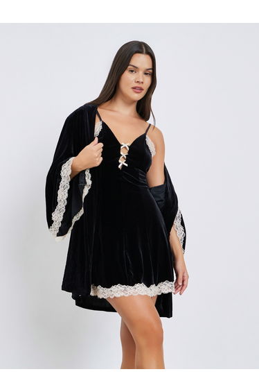 Contrast Lace Trim Velvet Slip Dress with Robe