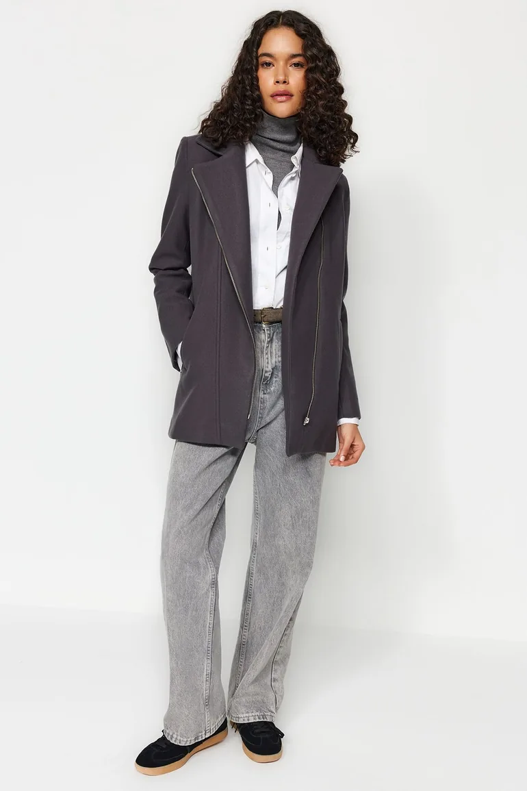 Gray Zippered Closure Cachet Coat