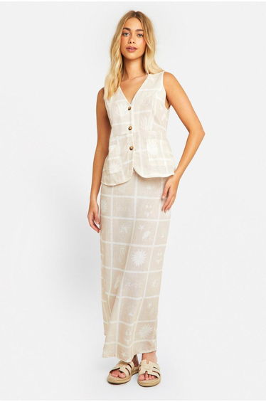 Linen Look Tile Print Waistcoat & Column Maxi Skirt - stone
