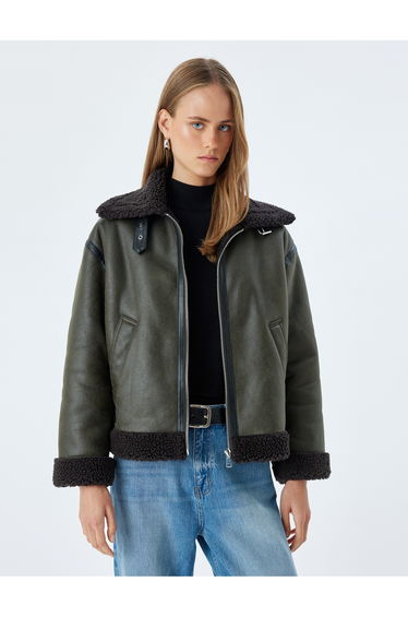 Faux Leather Short Oversize Biker Jacket with Faux Fur Plush Lining Pocket