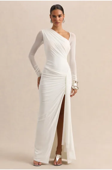 White Asymmetric-Neck Maxi-Dress With Gathered Detailing And Mesh Long-Sleeves
