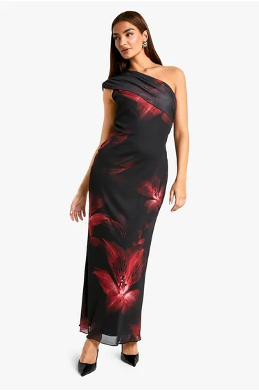 فستان ماكسي ميش بطيات بكتف واحد بطبعة أزهار - أسود 