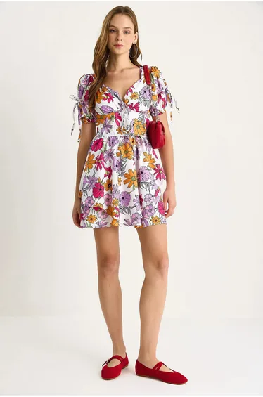 LUCCI Printed V-neck Cut Out Midi Dress