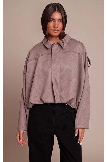 Taupe Zip Through Faux Suede Bomber Jacket