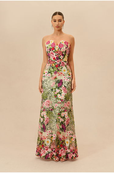 Enchanted Romance Multi Floral Embroidery Sweetheart Maxi Dress