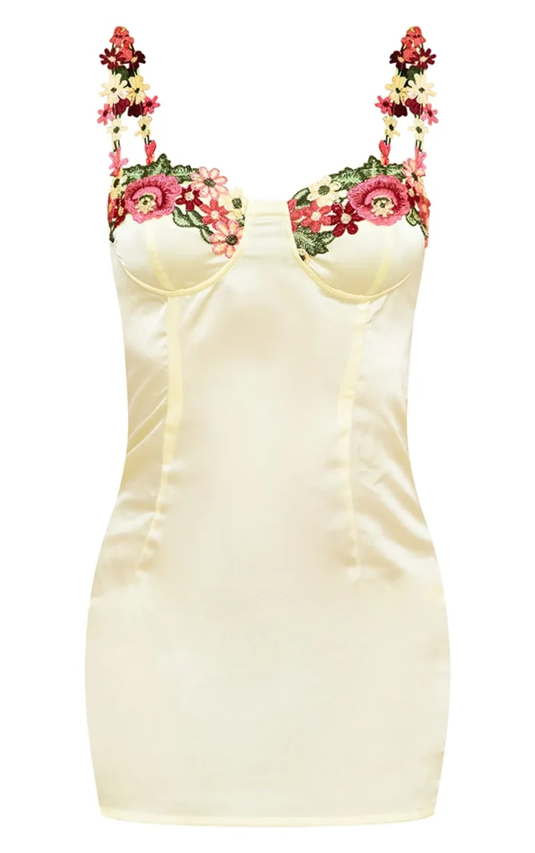 Lemon Satin Flower Trim Detail Strappy Shift Dress - 4